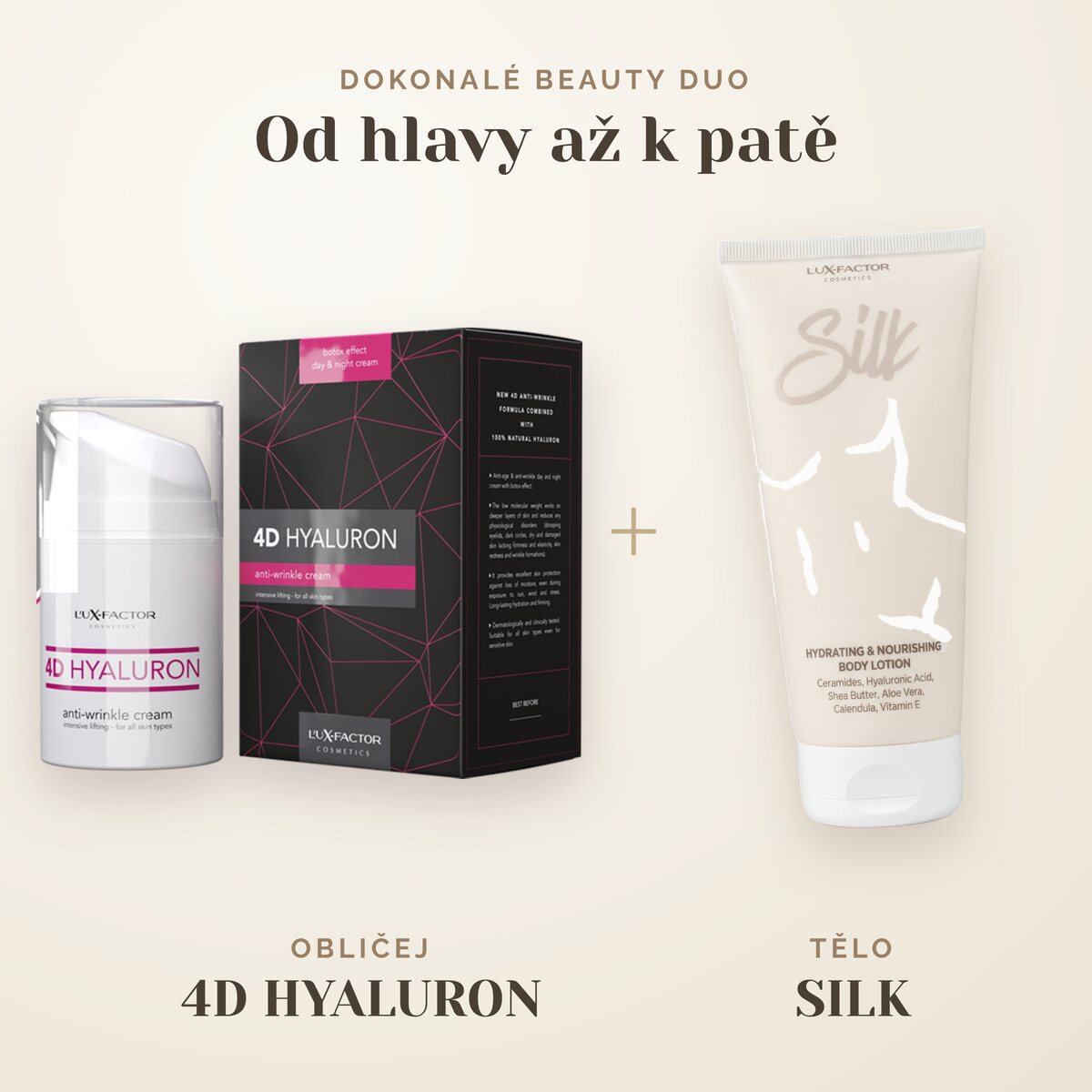 Dokonalé kosmetické duo: krém proti vráskám 4D HYALURON na obličej a tělové mléko SILK