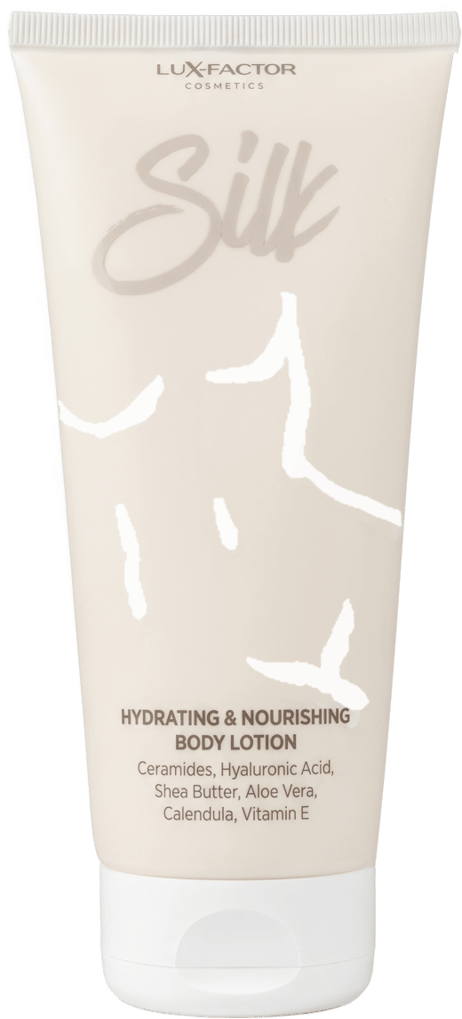 Hranilni losjon za telo Lux-Factor SILK s ceramidom NP, karitejevim maslom, hialuronsko kislino, skvalanom, pantenolom in vitaminom E