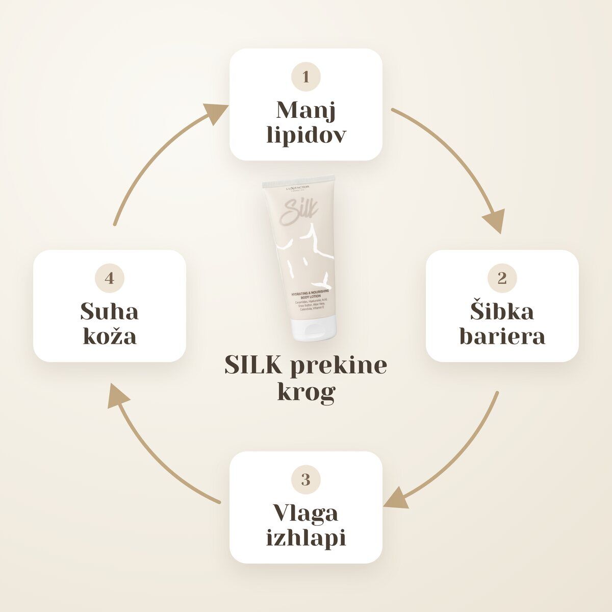 Začarani krog suhe kože: manj lipidov, šibka bariera, izhlapevanje vlage in suha koža – Lux-Factor SILK ga prekine