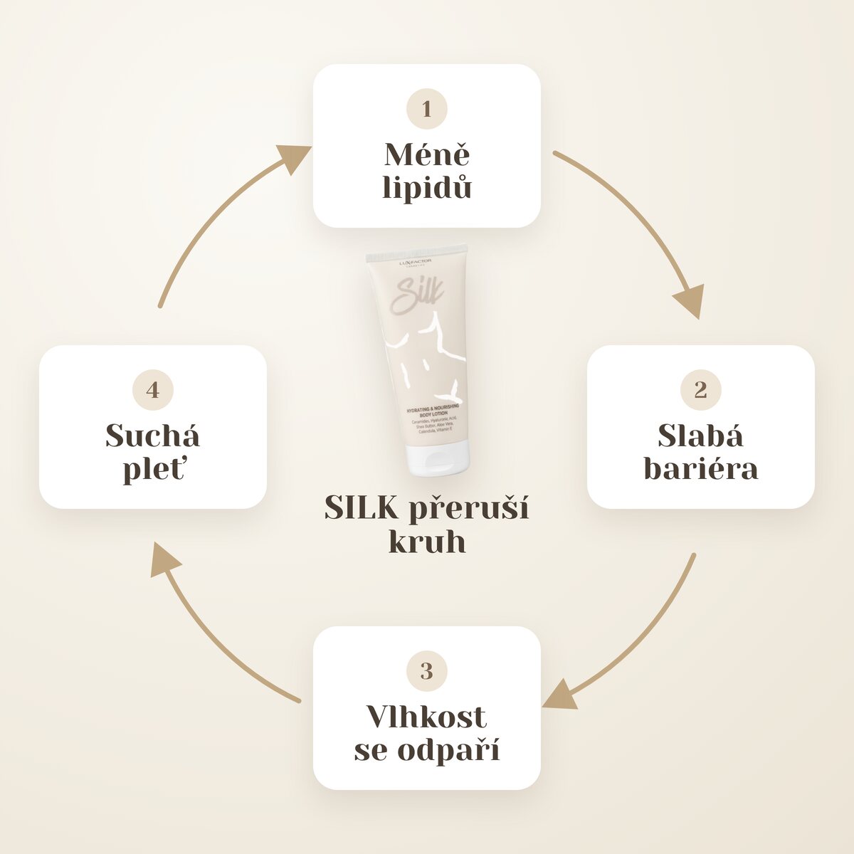 Začarovaný kruh suché pleti: méně lipidů, slabá bariéra, odpařování vláhy a suchá pleť – Lux-Factor SILK jej prolomí