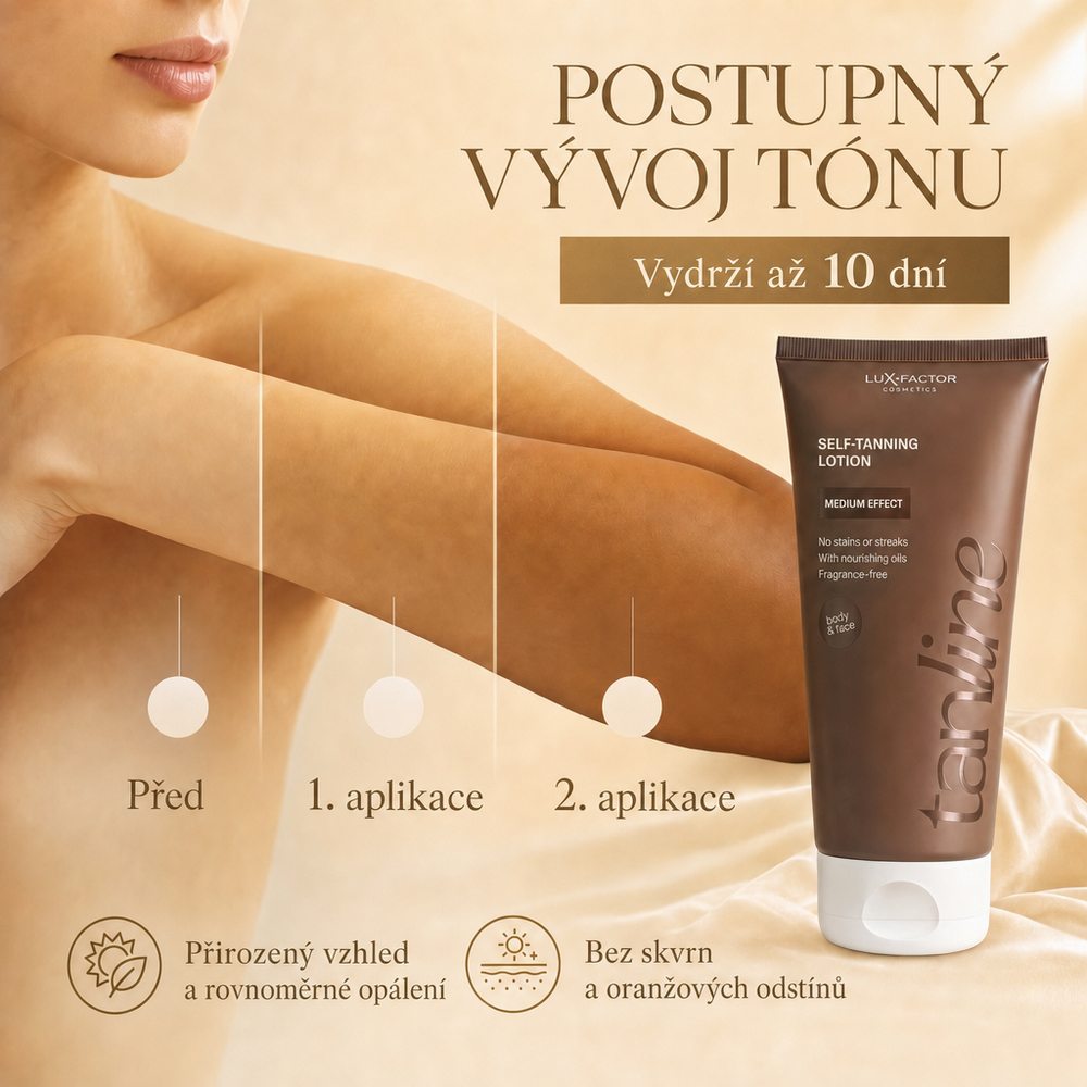 Rovnoměrně opálená pleť bez šmouh a oranžových podtónů s Lux-Factor TANLINE