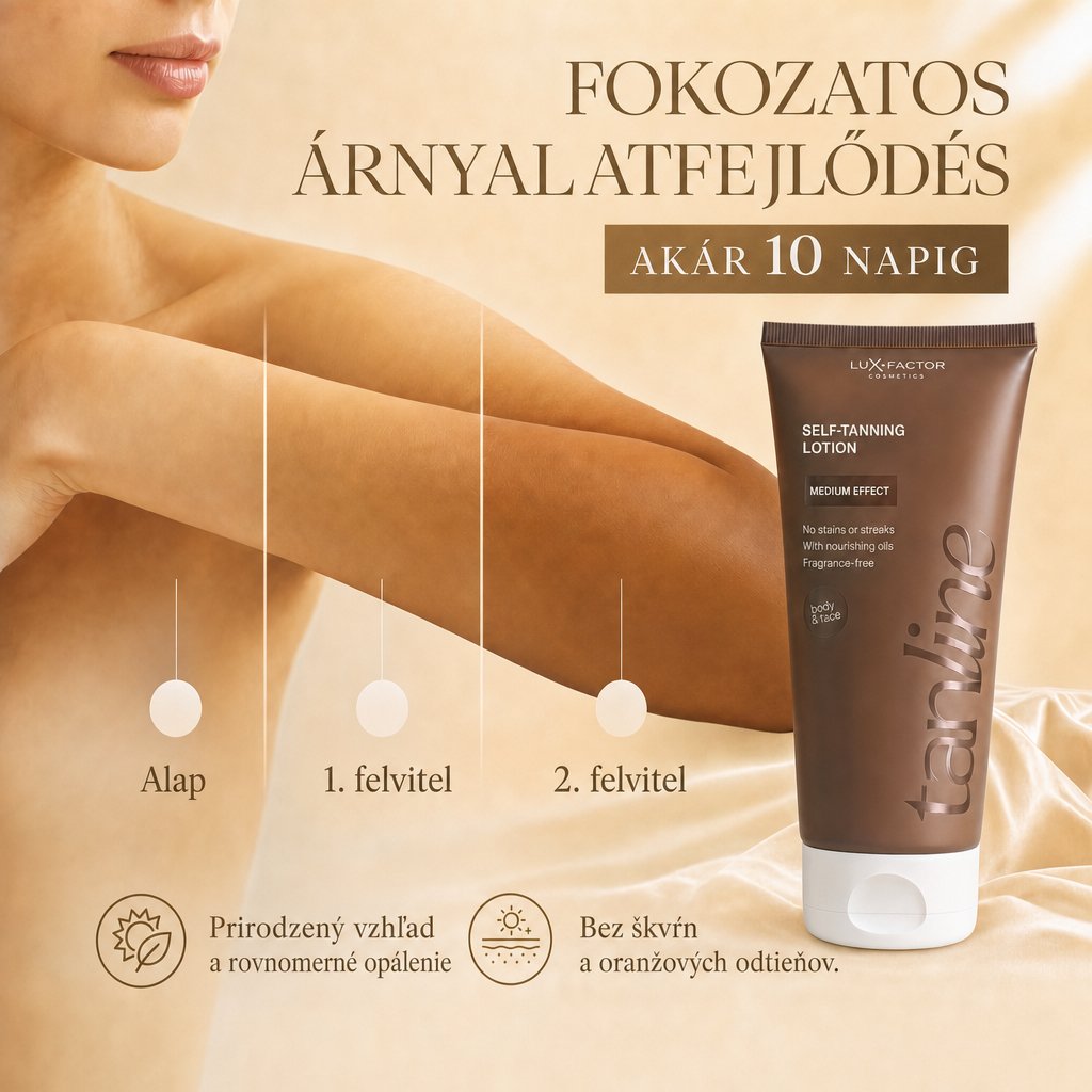 Egyenletesen barnított bőr csíkok és narancsos alaptónusok nélkül a Lux-Factor TANLINE-nal